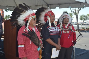 Spiritual leader (L to R) Mike Sisco, Tribal Chairman Ruben Barrios and Vice Chairman Elmer Thomas prepare for Thursday's groundbreaking.